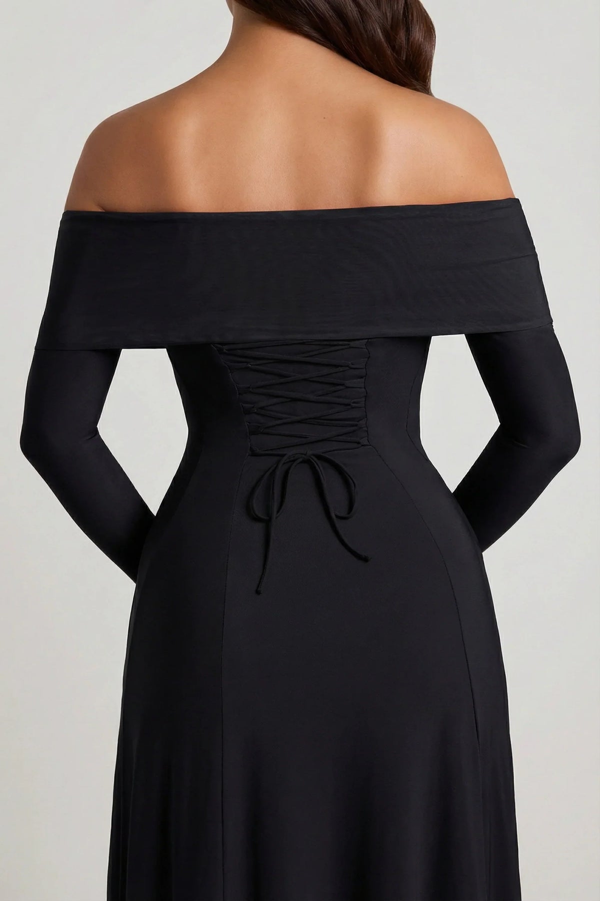 Off Shoulder Lace Up A Line Midaxi Dress in Black