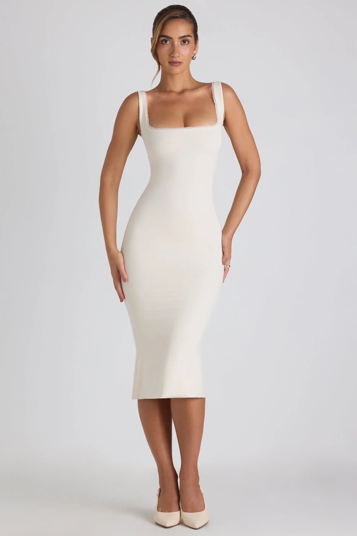 Modal Lace Trim Midaxi Dress in Ivory