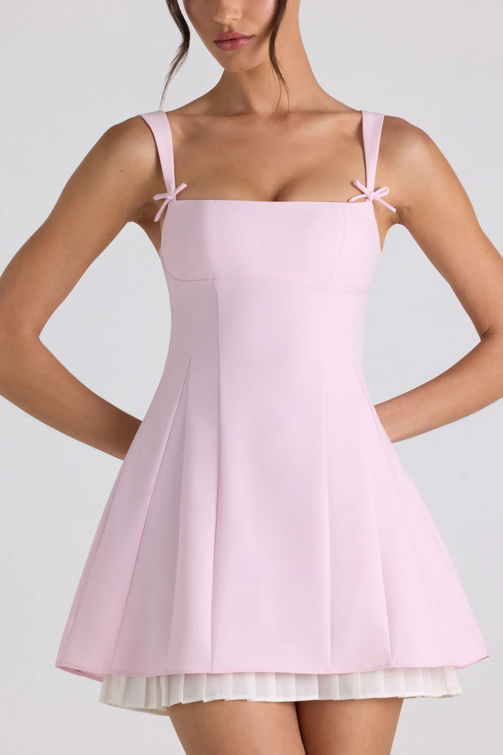 Bow Detail Pleated A Line Mini Dress in Soft Pink