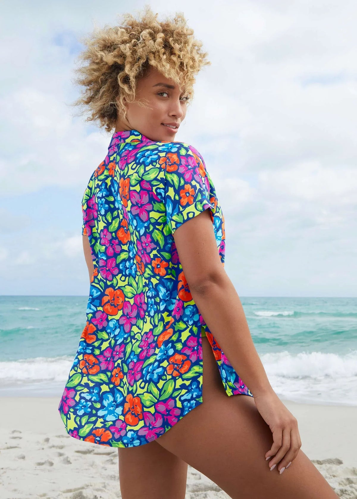 Beach Button Down Shirt Flower Garden