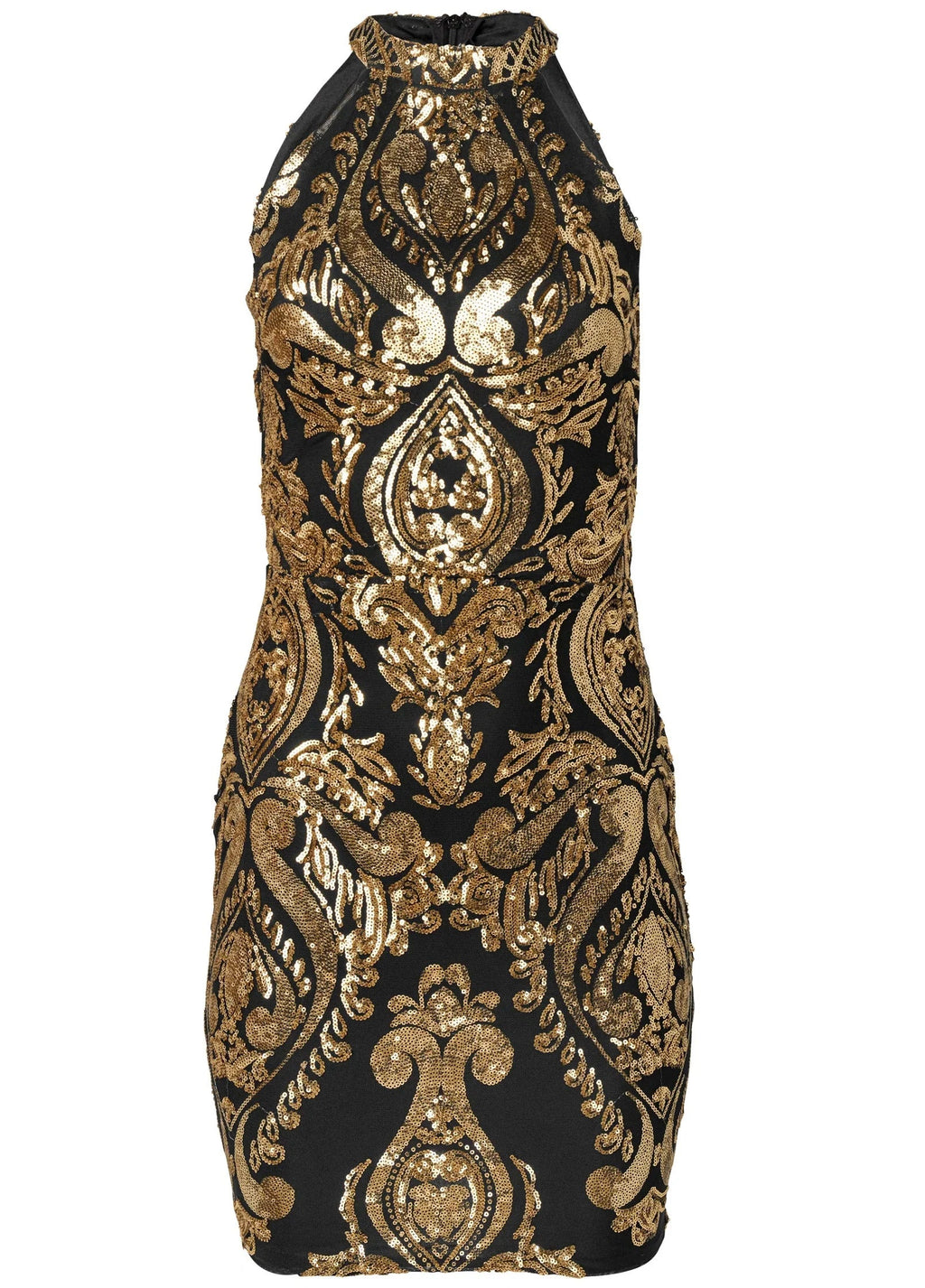 Embroidered Sequin Mini Dress Black Gold