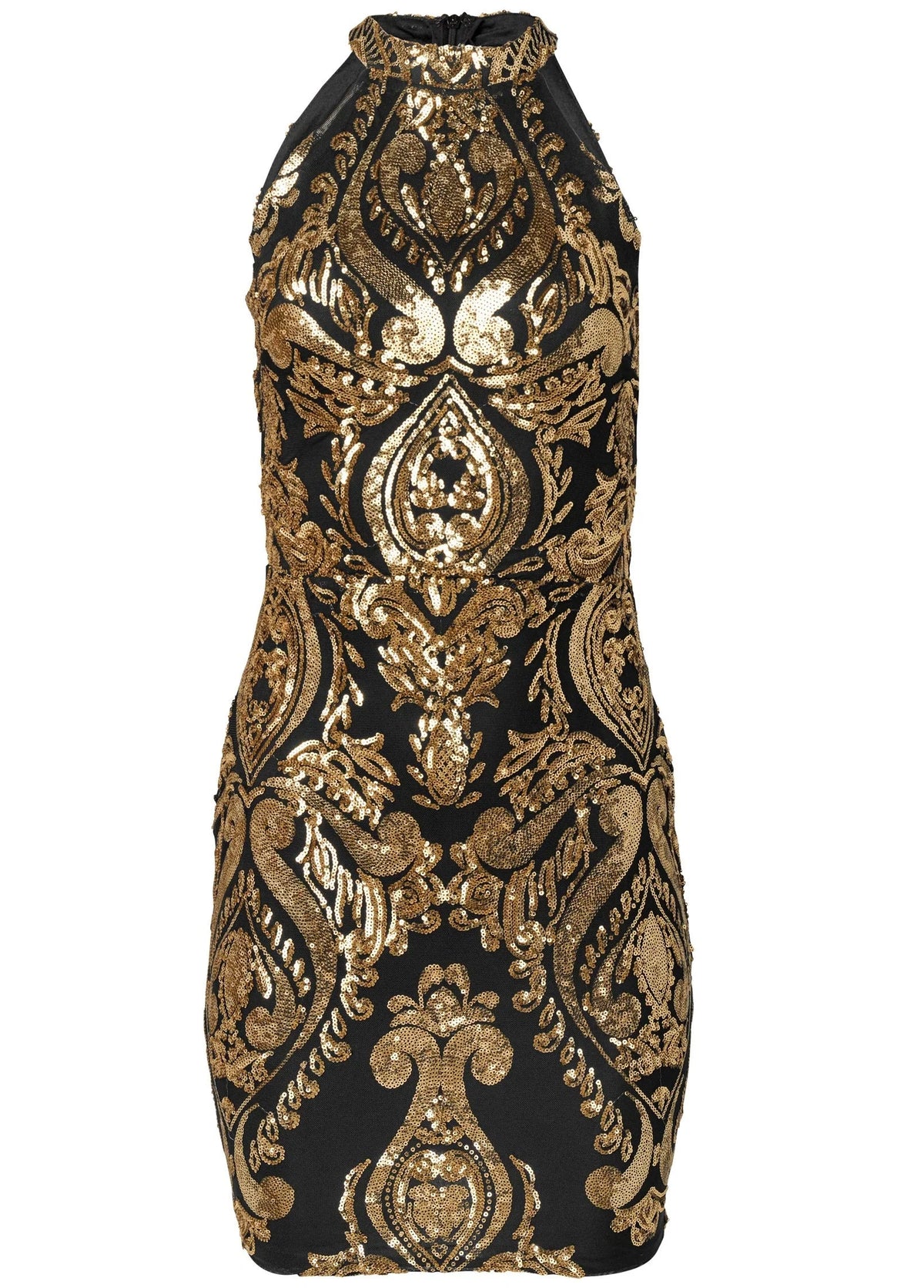 Embroidered Sequin Mini Dress Black Gold