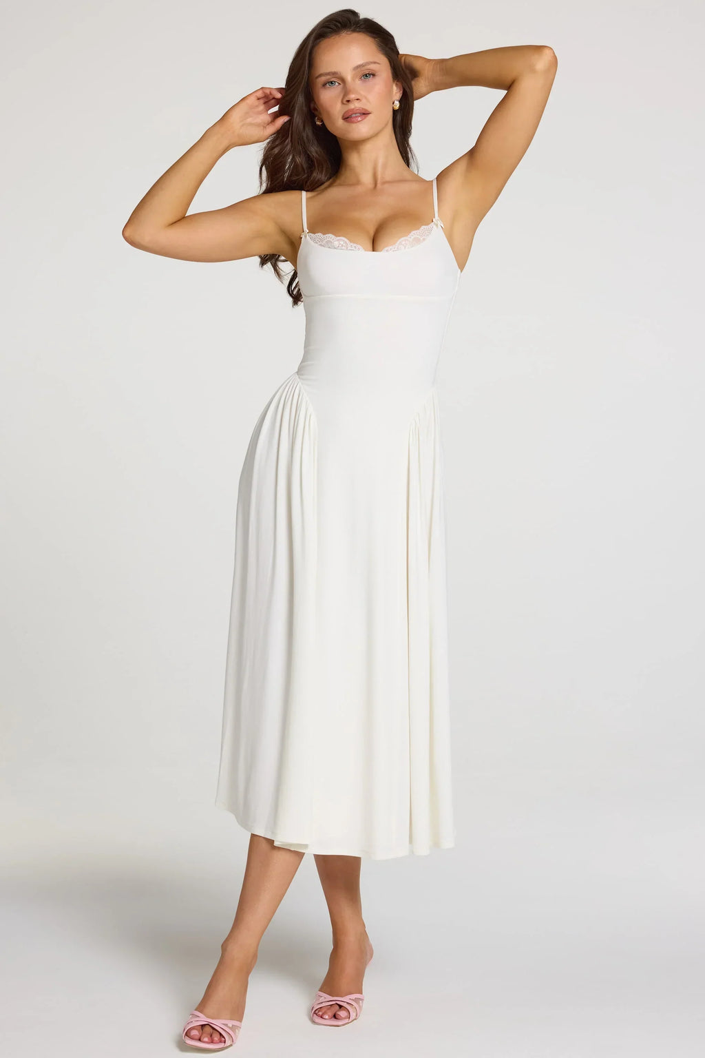 Modal Lace Trim Midaxi Dress in White