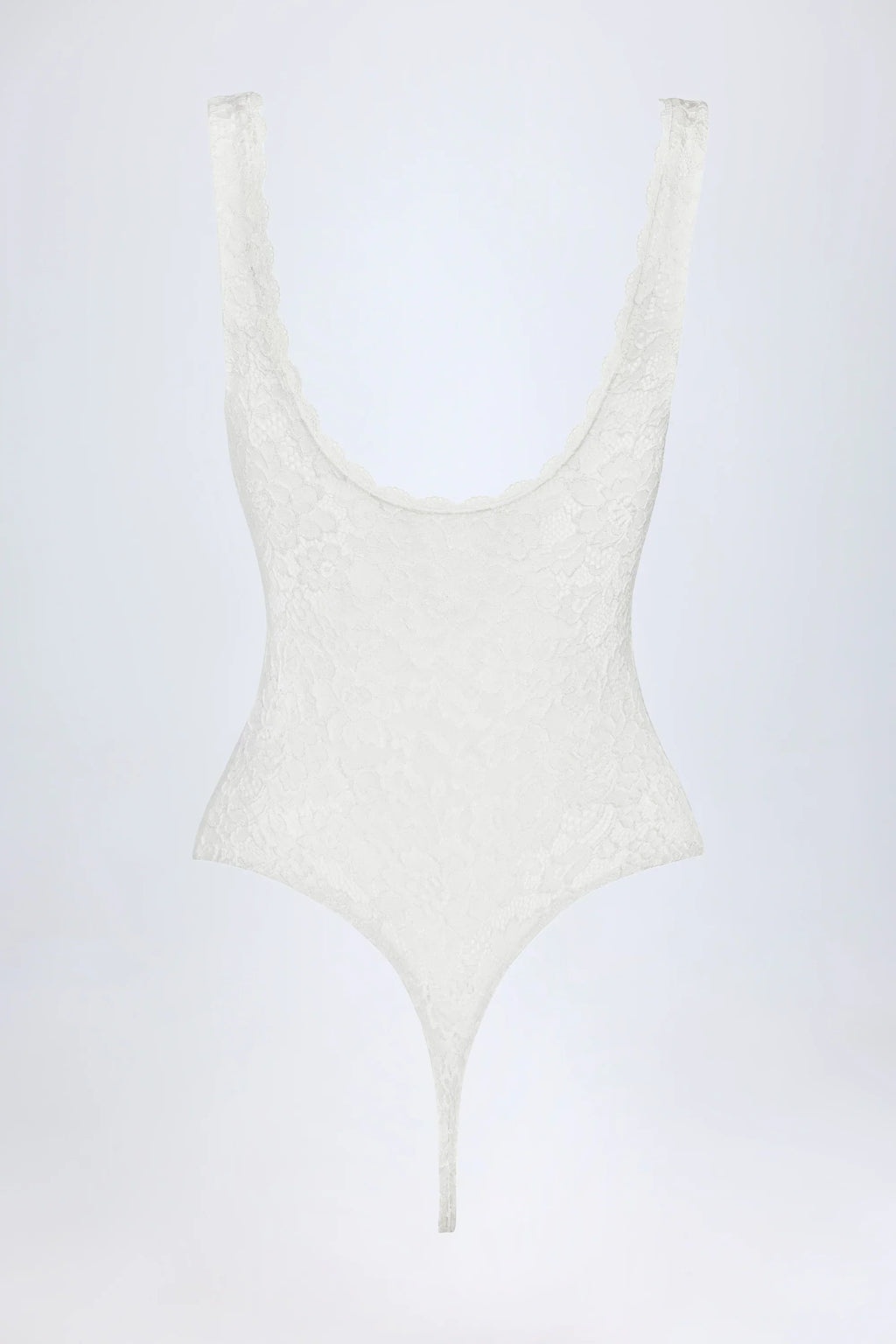 Sheer Lace Scalloped Plunge Neck Bodysuit in White