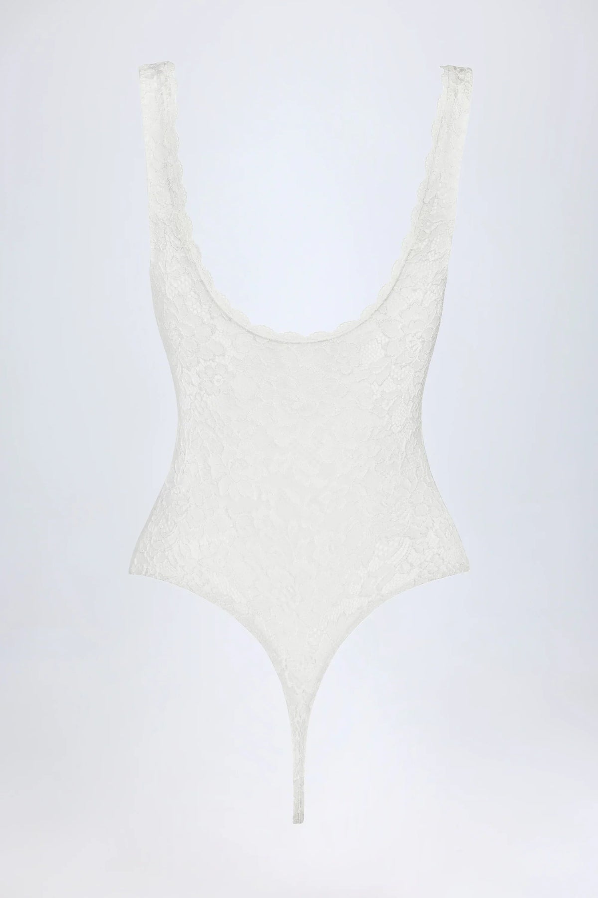 Sheer Lace Scalloped Plunge Neck Bodysuit in White