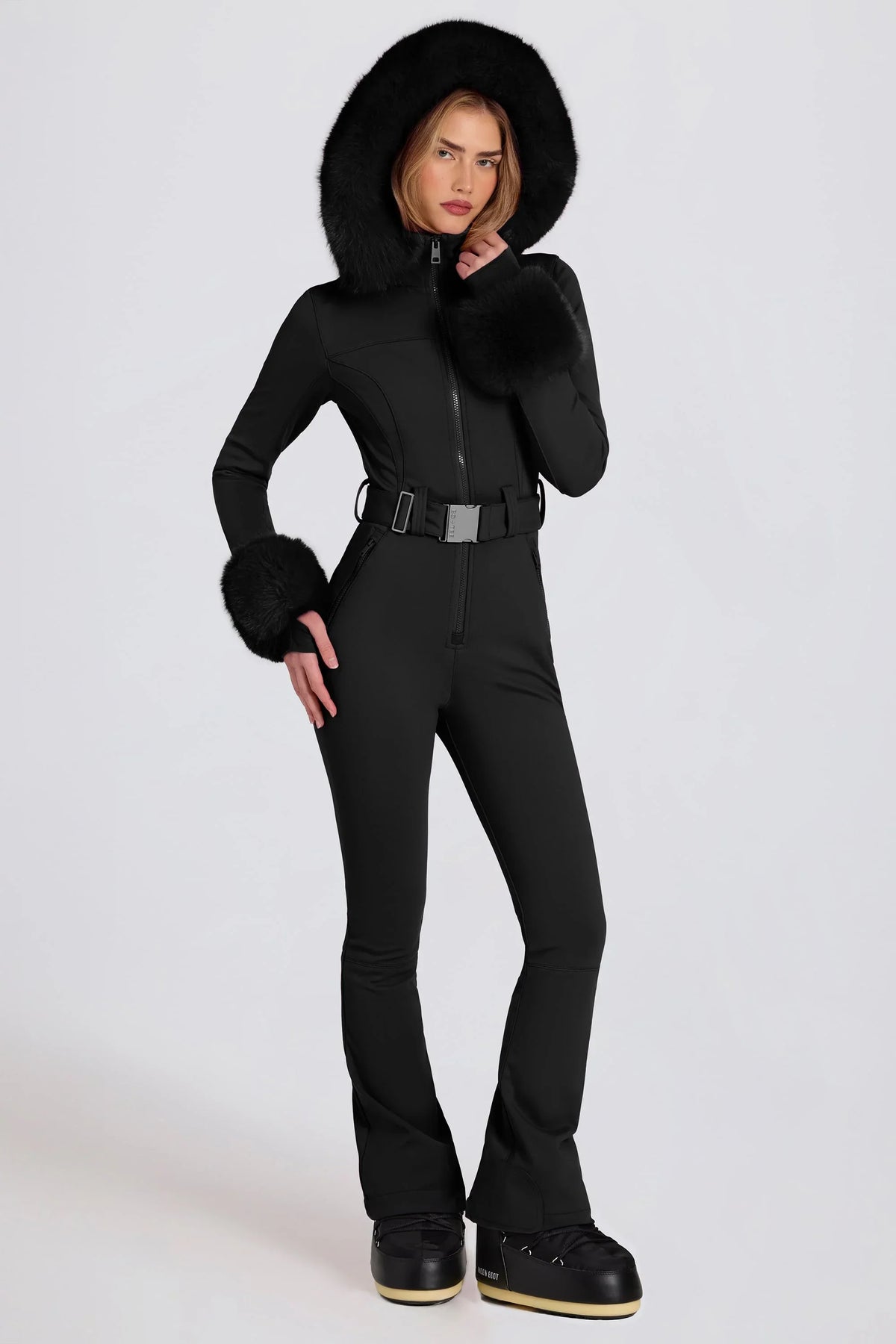 Waterproof Faux Fur Hood Fitted Ski Suit in Black