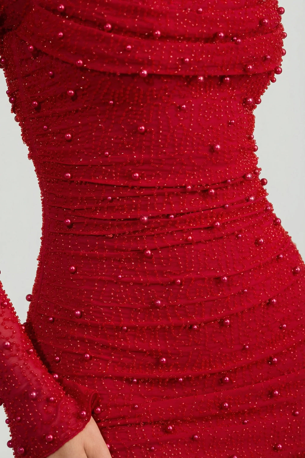 Embellished Cowl Neck Draped Mini Dress in True Red