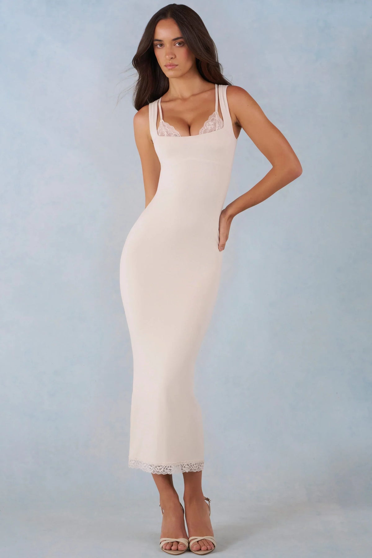 Modal Lace Trim Midaxi Dress in Ivory