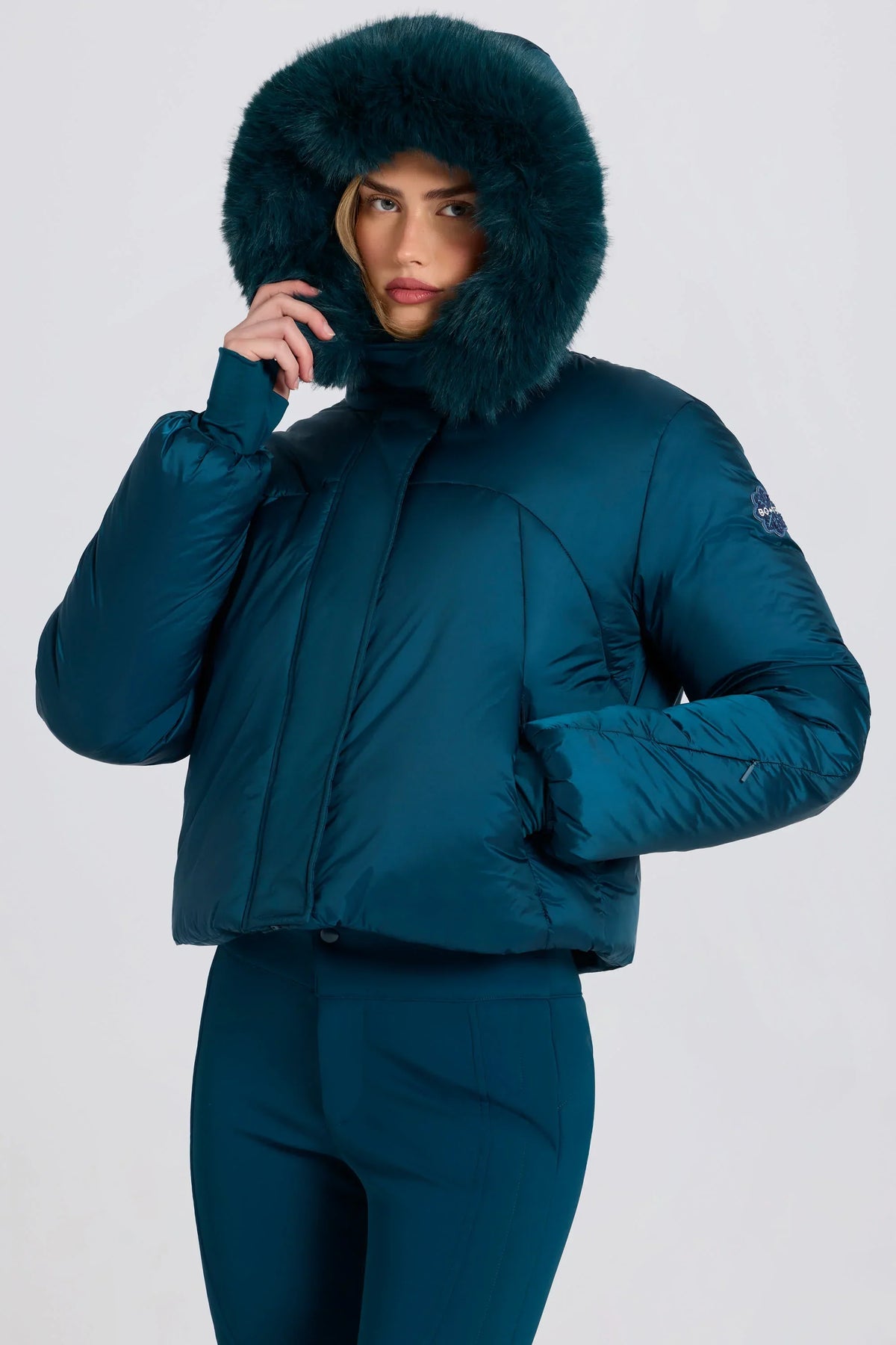 Waterproof Faux Fur Hood Cropped Ski Jacket in Teal