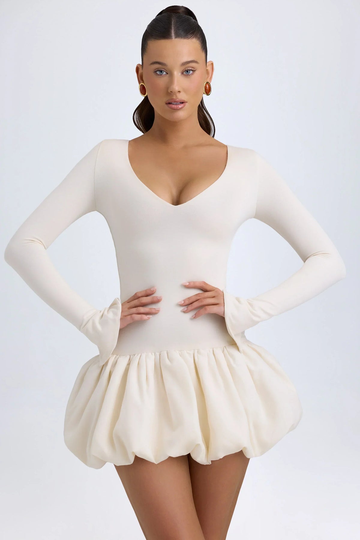 Modal Drop Waist Bubble Hem Mini Dress in Ivory