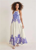 Printed Linen Maxi Dress Purple Paisley Border