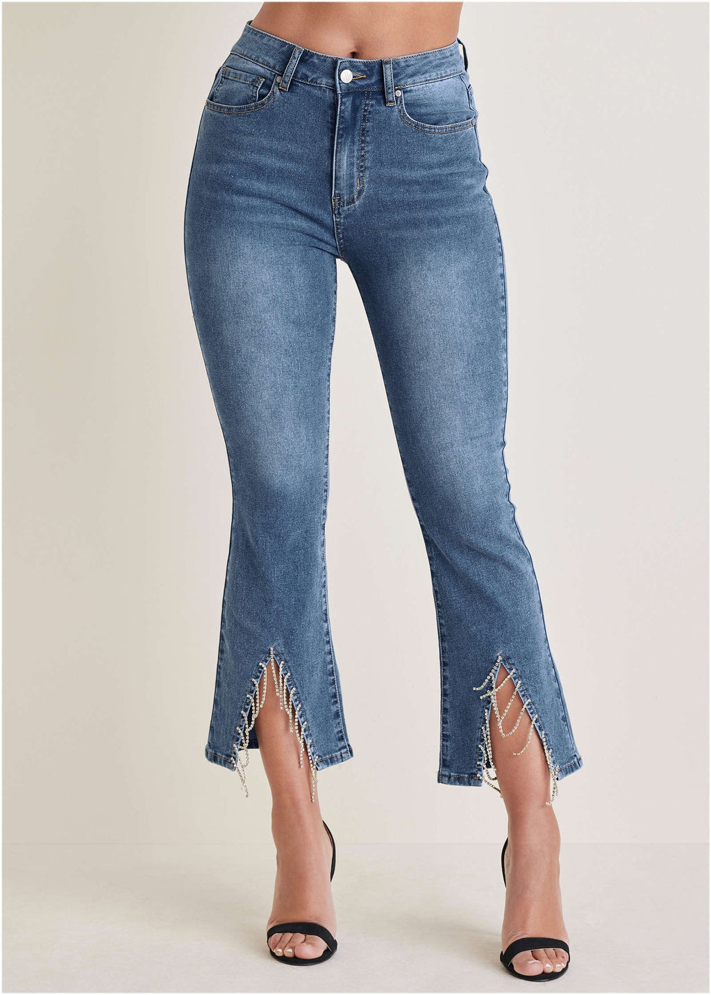 Rhinestone Kick Flare Jeans Medium Wash