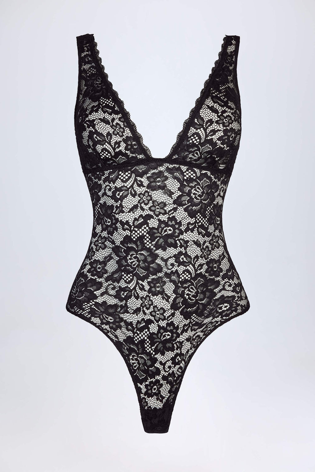 Sheer Lace Scalloped Plunge Neck Bodysuit in Black