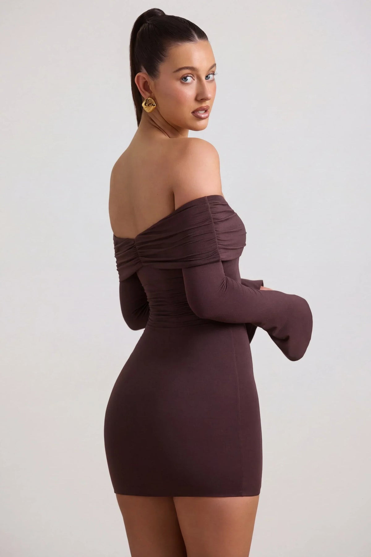 Modal Cashmere Blend Off Shoulder Ruched Mini Dress in Espresso