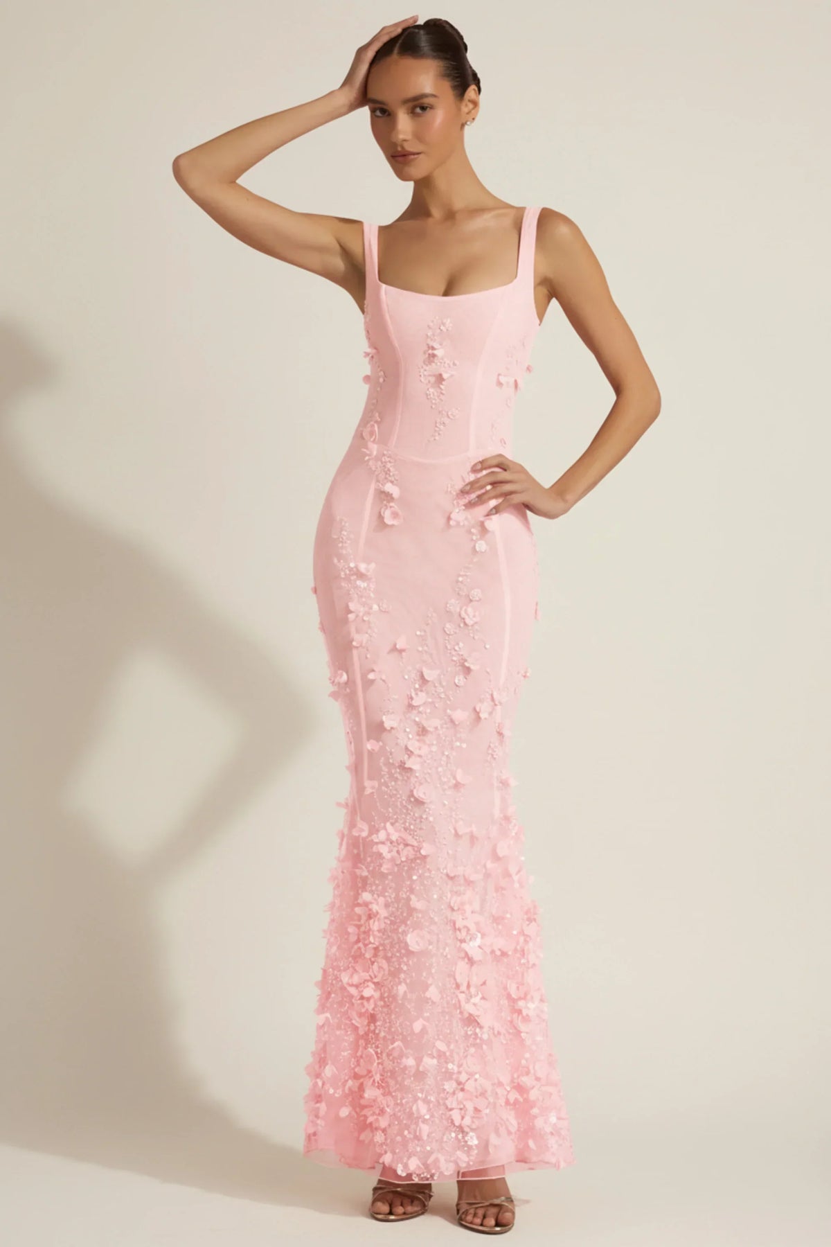Embellished Appliqué Soft Scoop Corset Gown in Pink