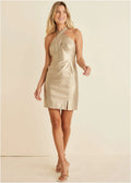 Faux Leather Mini Dress Gold Metallic
