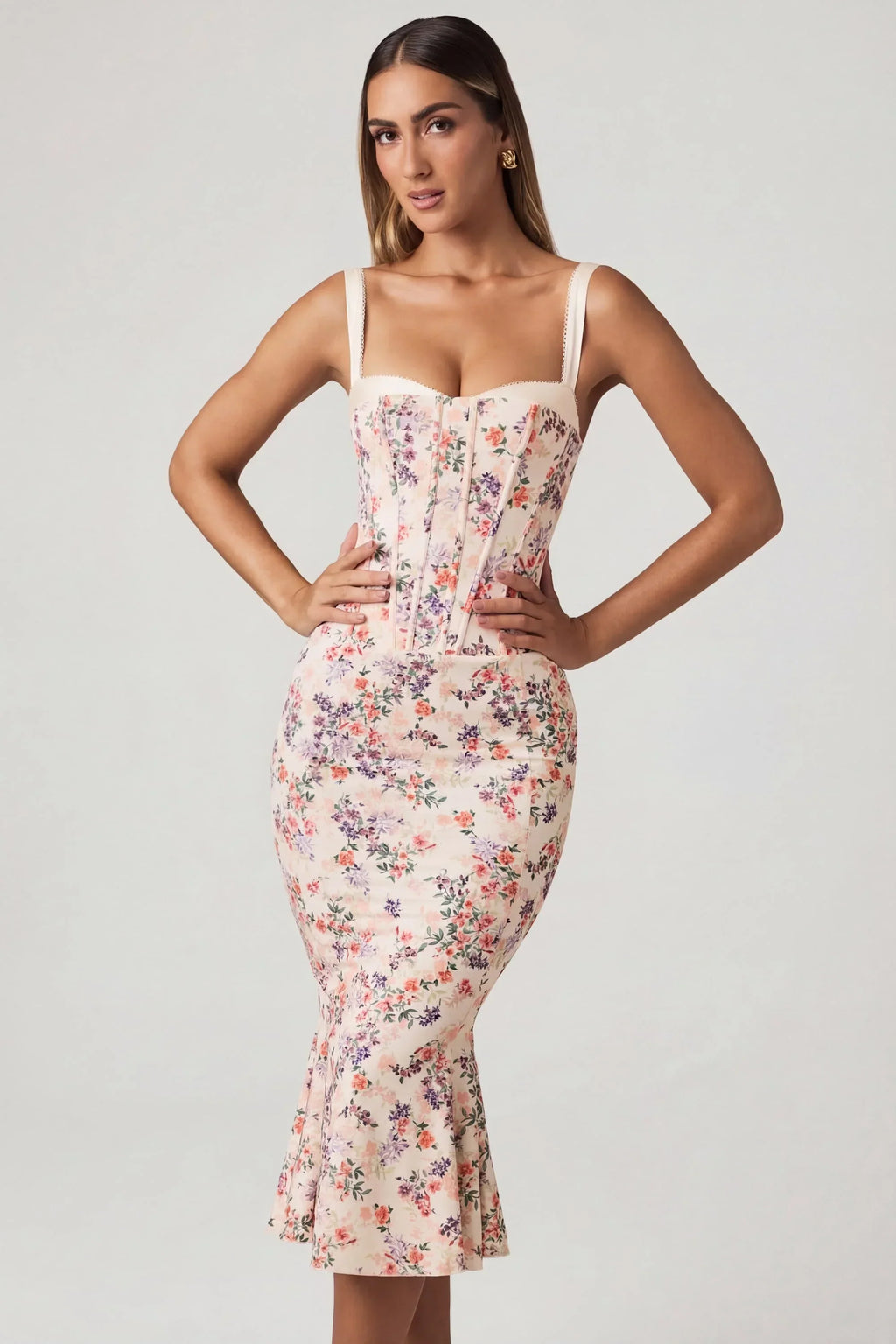 Layered Bra Detail Fishtail Midaxi Dress in Primrose Floral Print