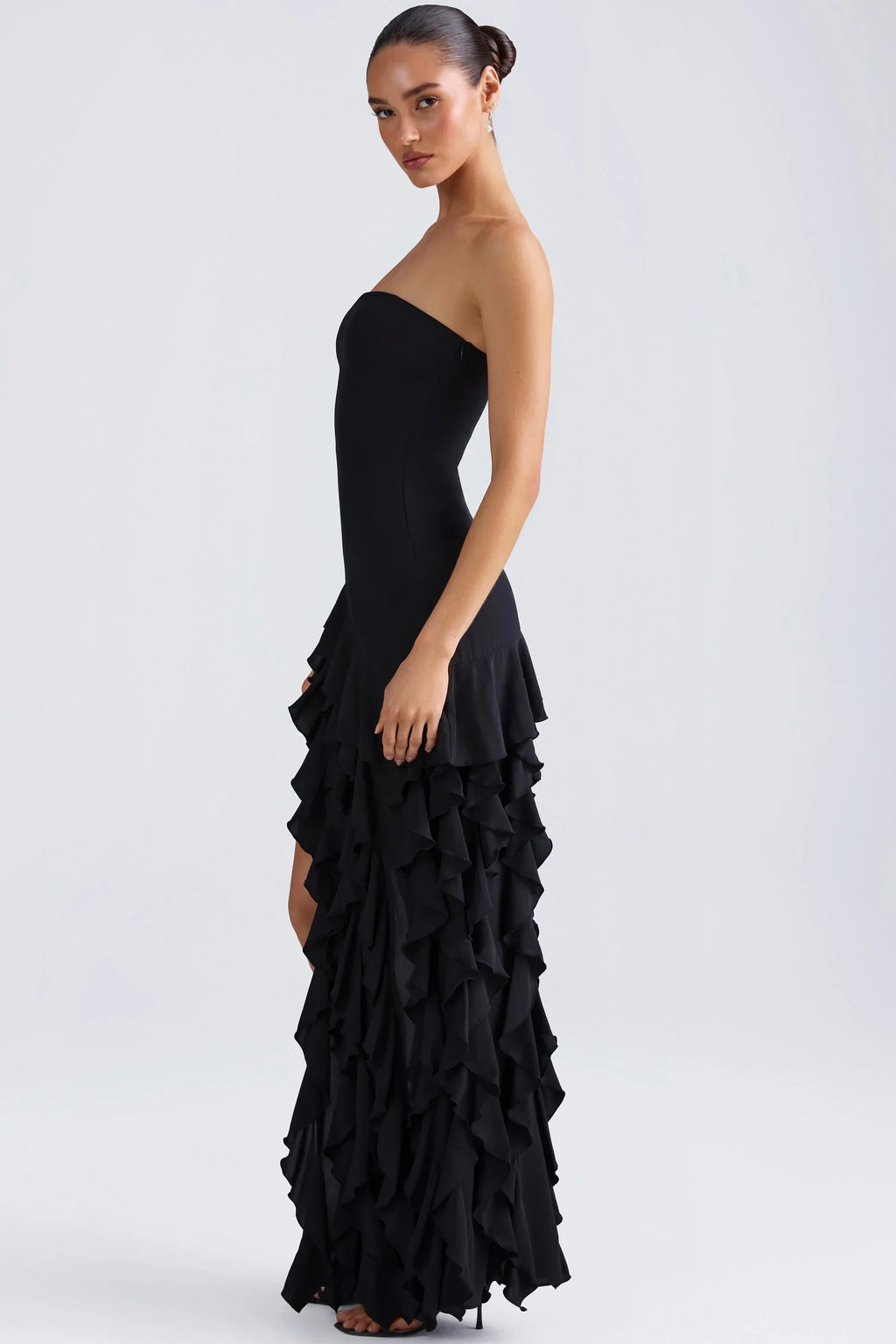 Ruffle Trim Strapless Gown in Black