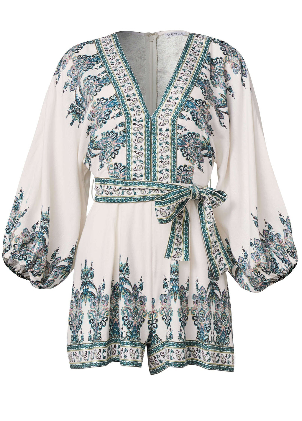Linen Tie Waist Romper White Multi