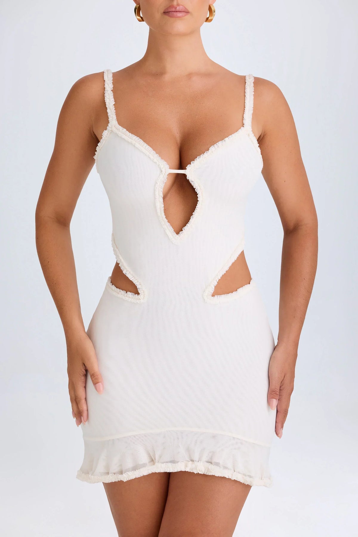 Ruffle Appliqué Cut Out Mini Dress in White