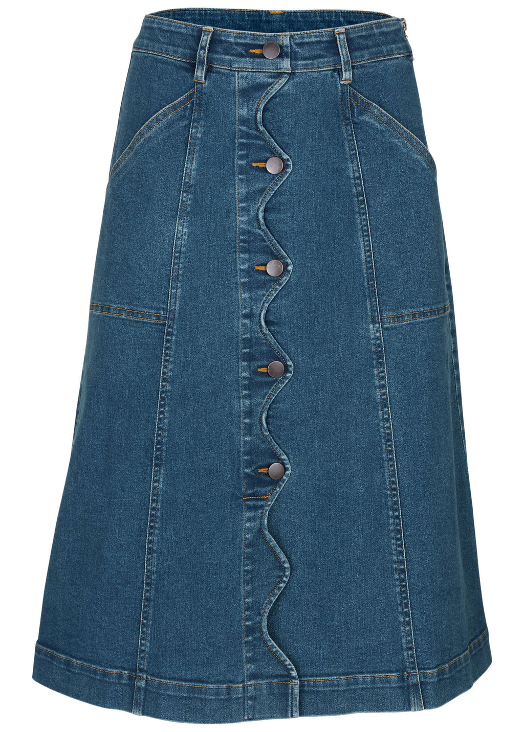 Wavy Denim Midi Skirt Medium Wash