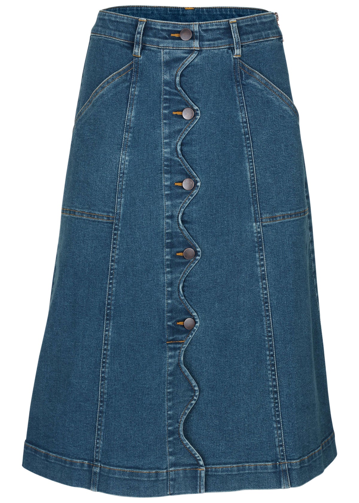 Wavy Denim Midi Skirt Medium Wash