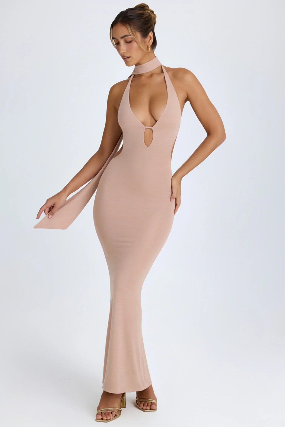 Scarf Detail Cut Out Halterneck Maxi Dress in Warm Peach