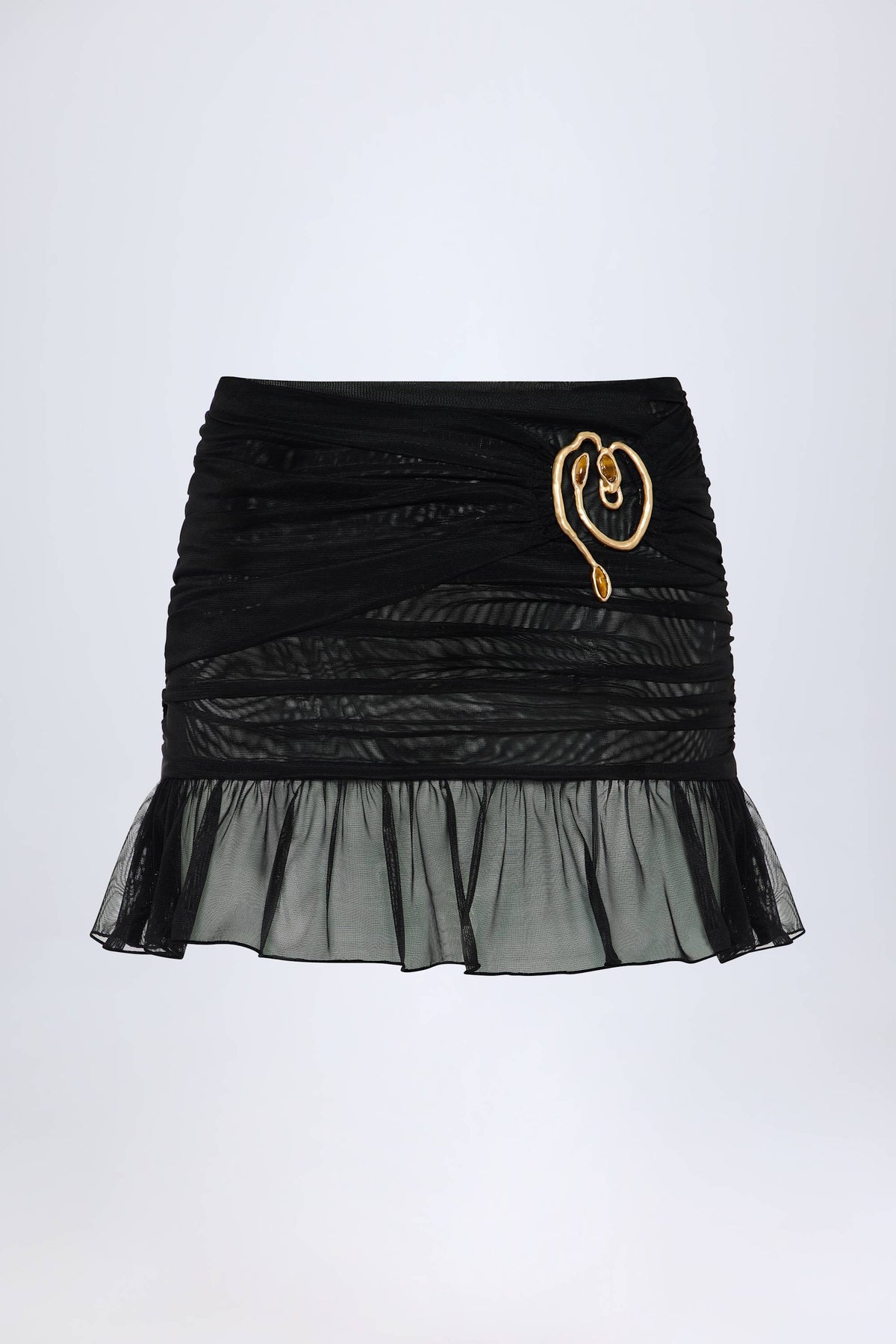 Hardware Detail Ruffled Mid Rise Mini Skirt in Black