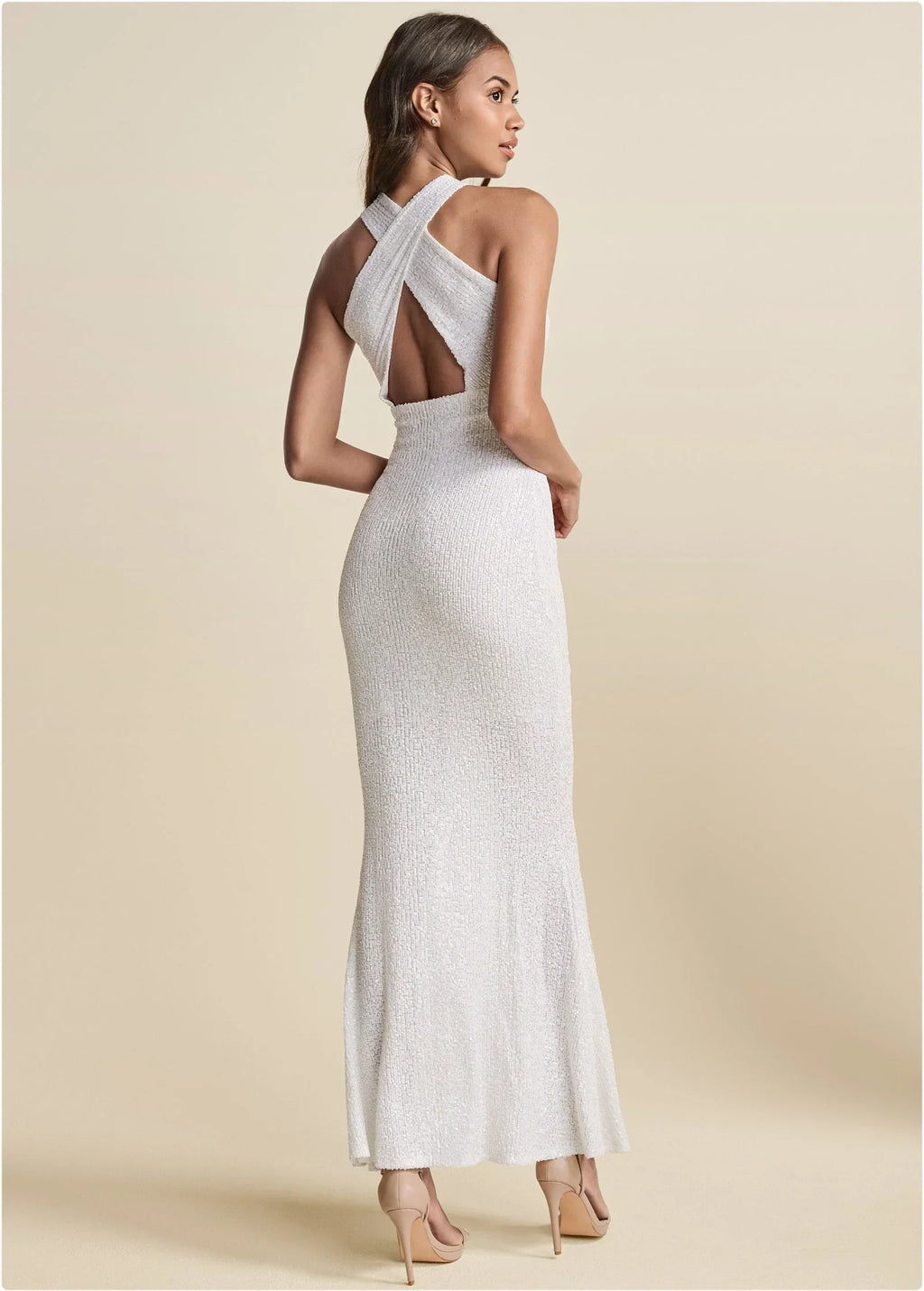 Sequin Keyhole Gown White