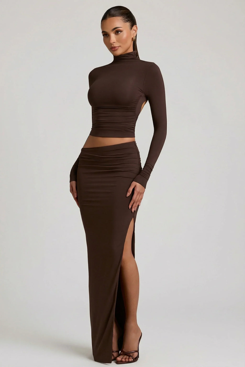 Modal Asymmetric Waist Maxi Skirt in Chocolate Brown