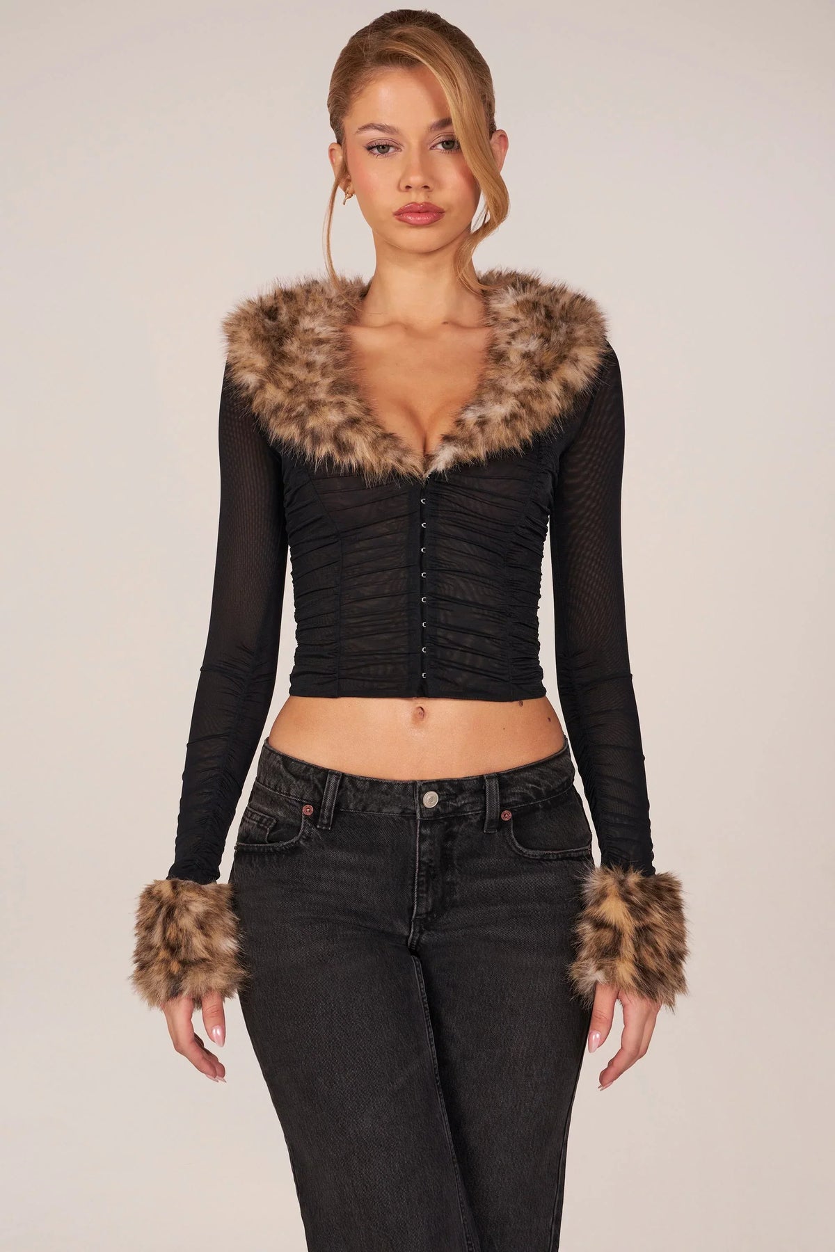 Faux Fur Trim Sheer Mesh Cardigan in Black