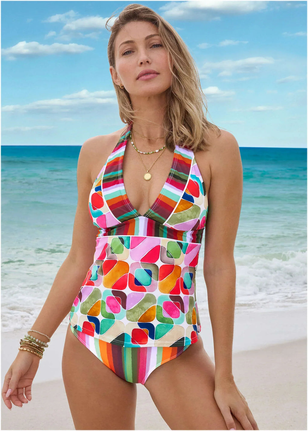 Athens Halter Tankini Top Watercolor Geo Combo