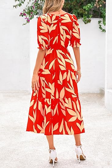 Women’s Boho Floral Print Puff Sleeve Dress
