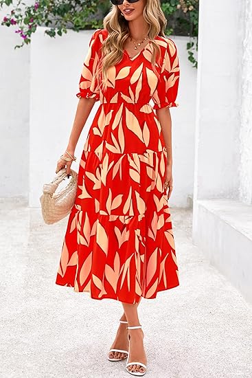 Women’s Boho Floral Print Puff Sleeve Dress