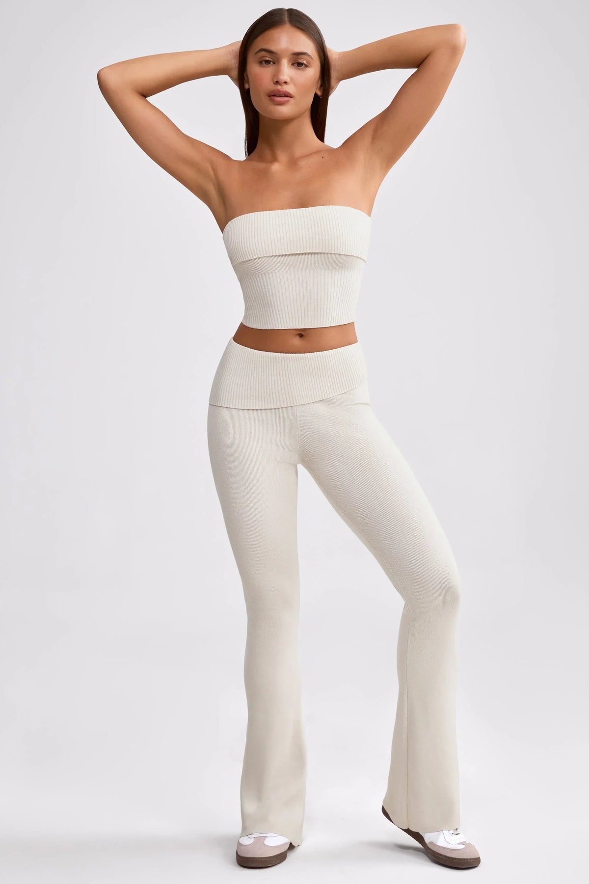 Chunky Knit Foldover Kick Flare Trousers in Cream