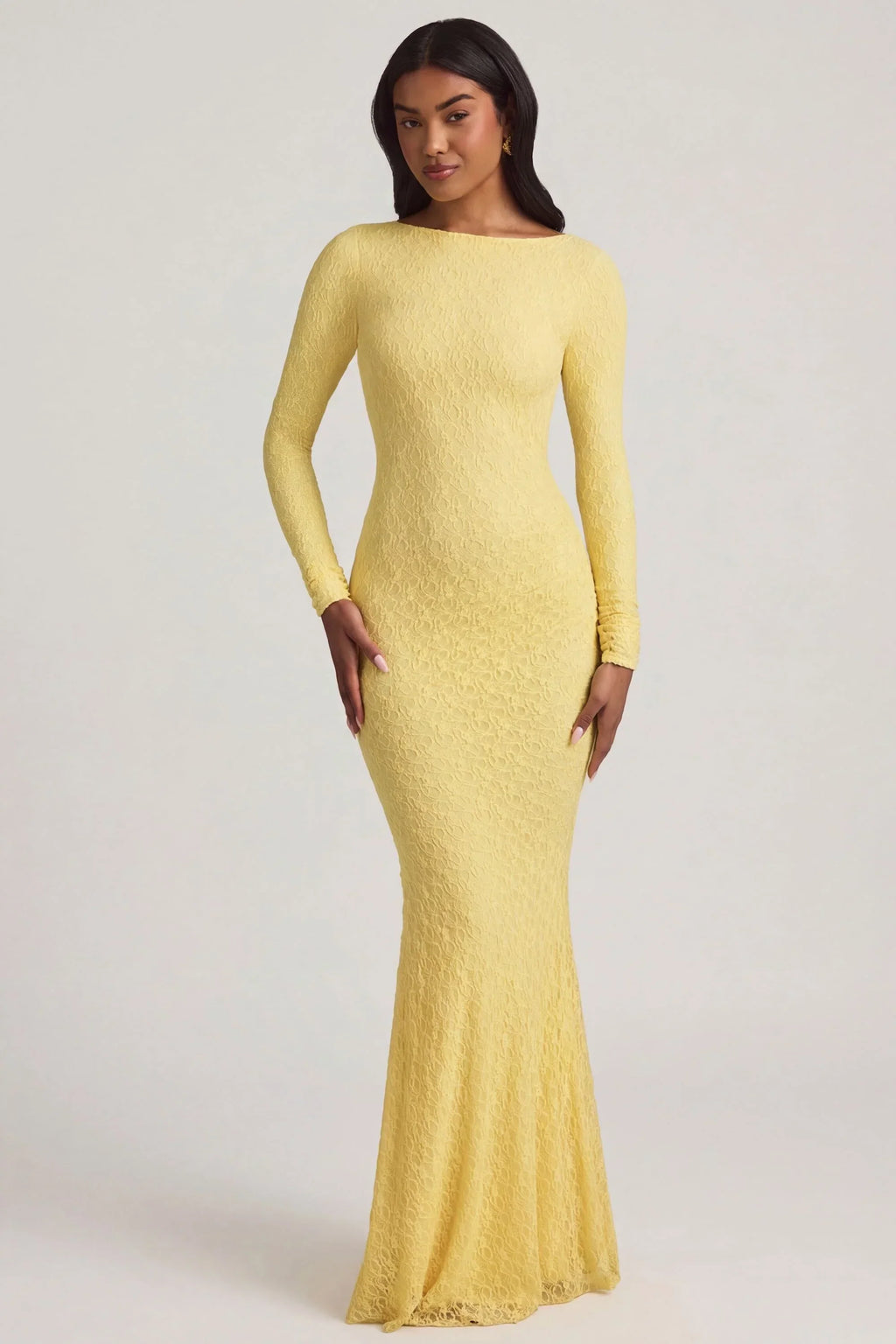 Ruched Backless Lace Maxi Dress in Pastel Yellow