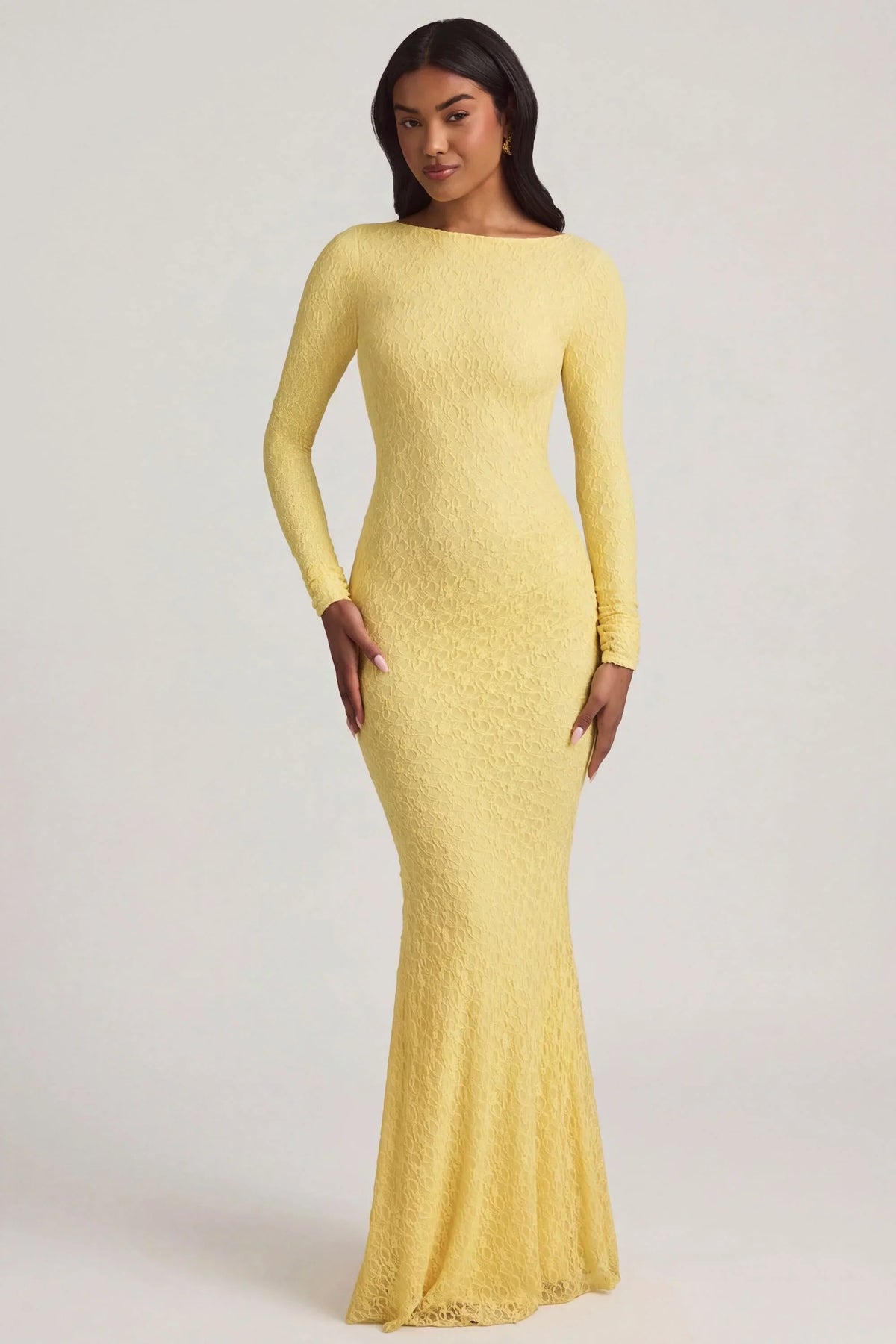 Ruched Backless Lace Maxi Dress in Pastel Yellow