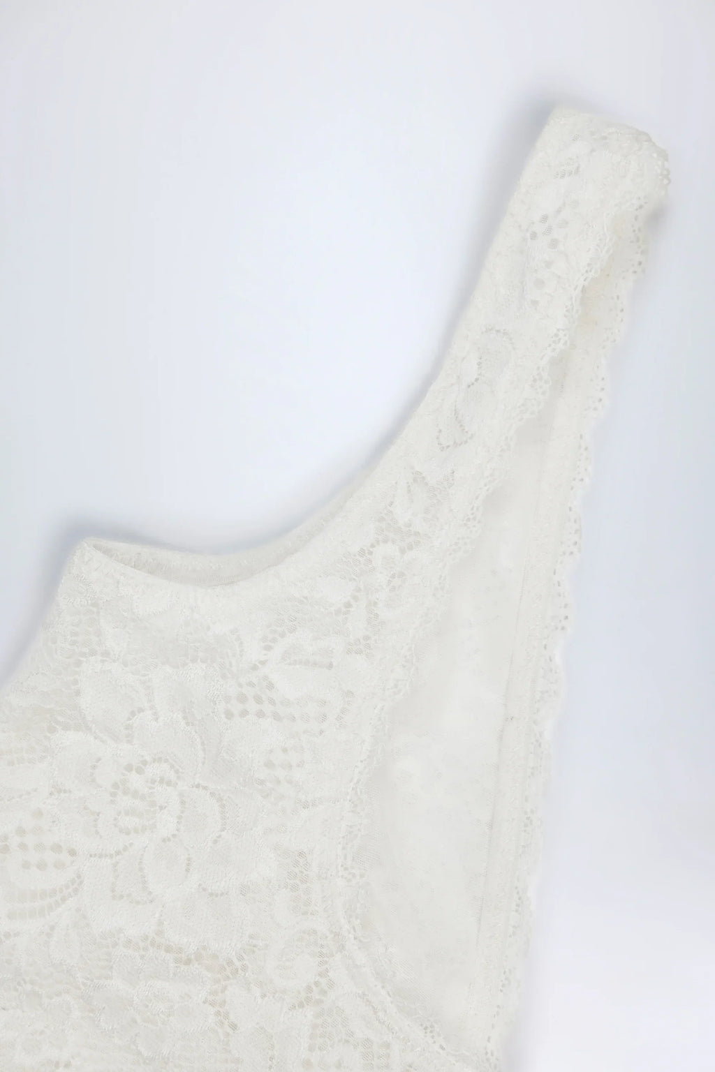 Sheer Lace Scalloped Plunge Neck Bodysuit in White