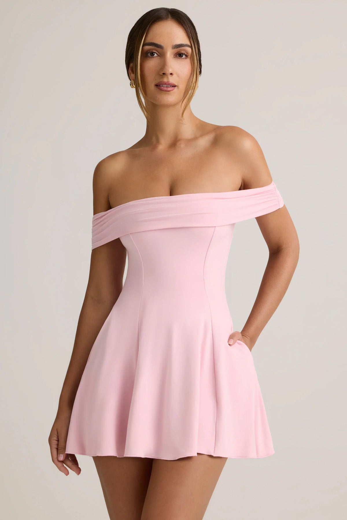 Modal Off Shoulder A Line Mini Dress in Baby Pink