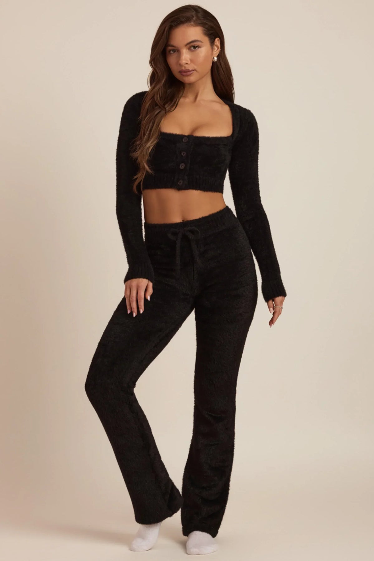 Fluffy Knit Wide Leg Trousers in Black