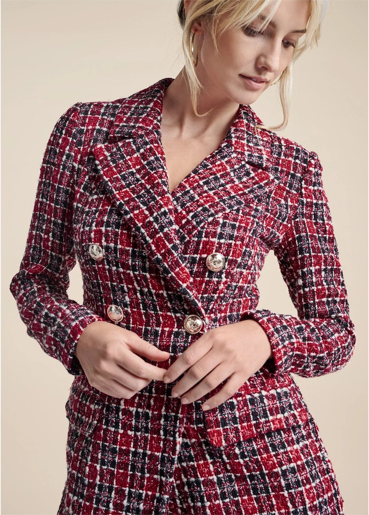 Tweed Button Detail Romper Red Black