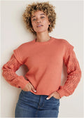 Pointelle Sleeve Crew Neck Burnt Coral