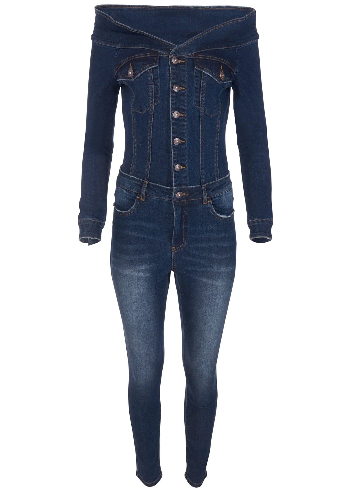 Off The Shoulder Denim Jumpsuit Dark Wash