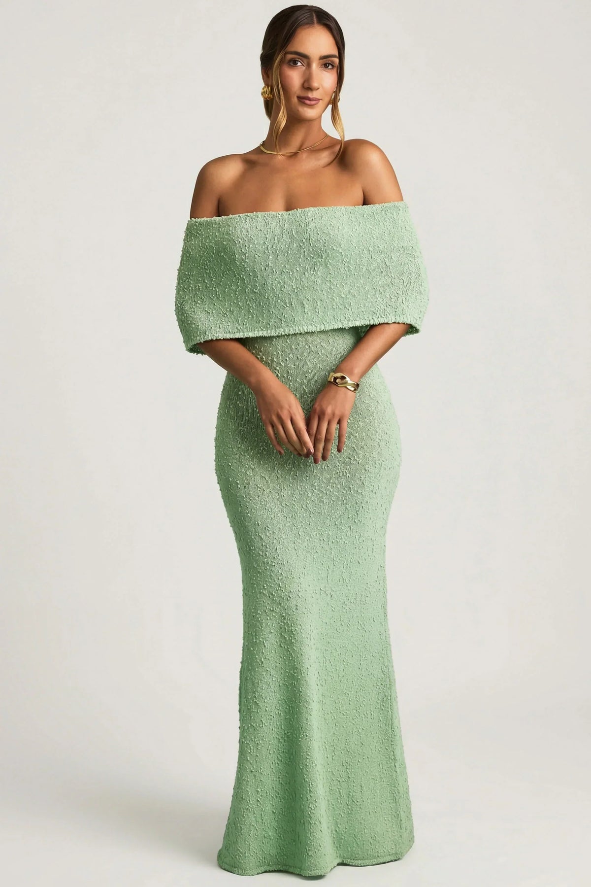 Bouclé Off Shoulder Maxi Dress in Mint