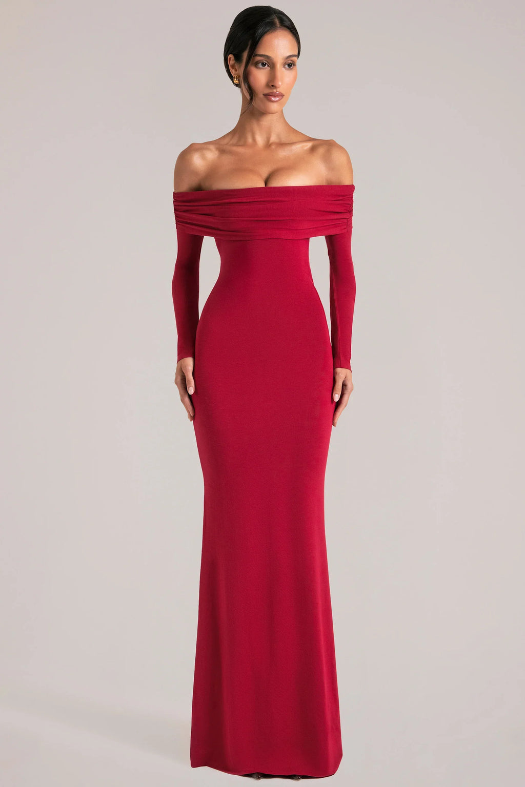 Off Shoulder Long Sleeve Maxi Dress in Cherry Red