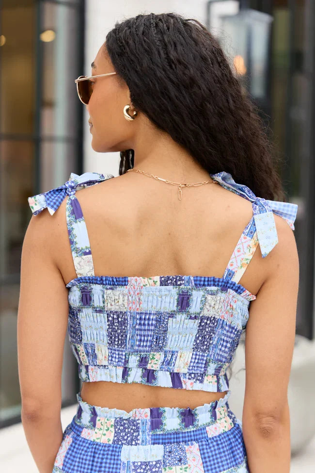 Madi Blue Patchwork Print Smocked Top