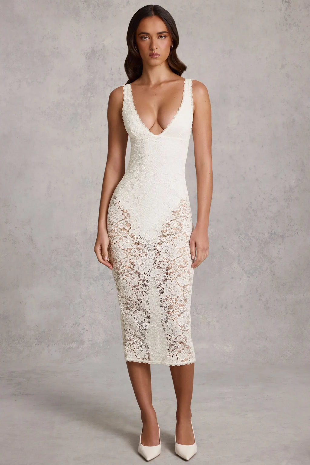 Sheer Lace Scalloped Plunge Bodysuit Midaxi Dress in White