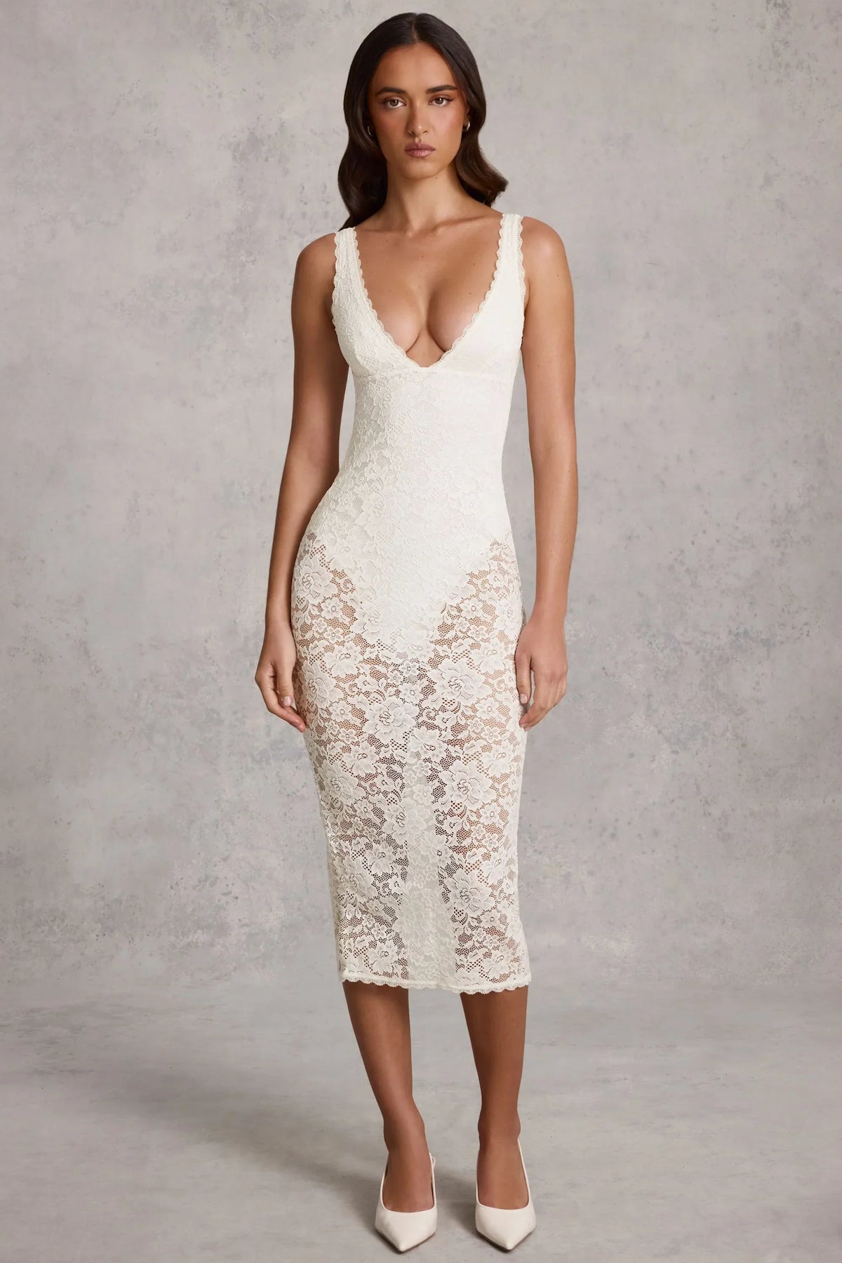 Sheer Lace Scalloped Plunge Bodysuit Midaxi Dress in White