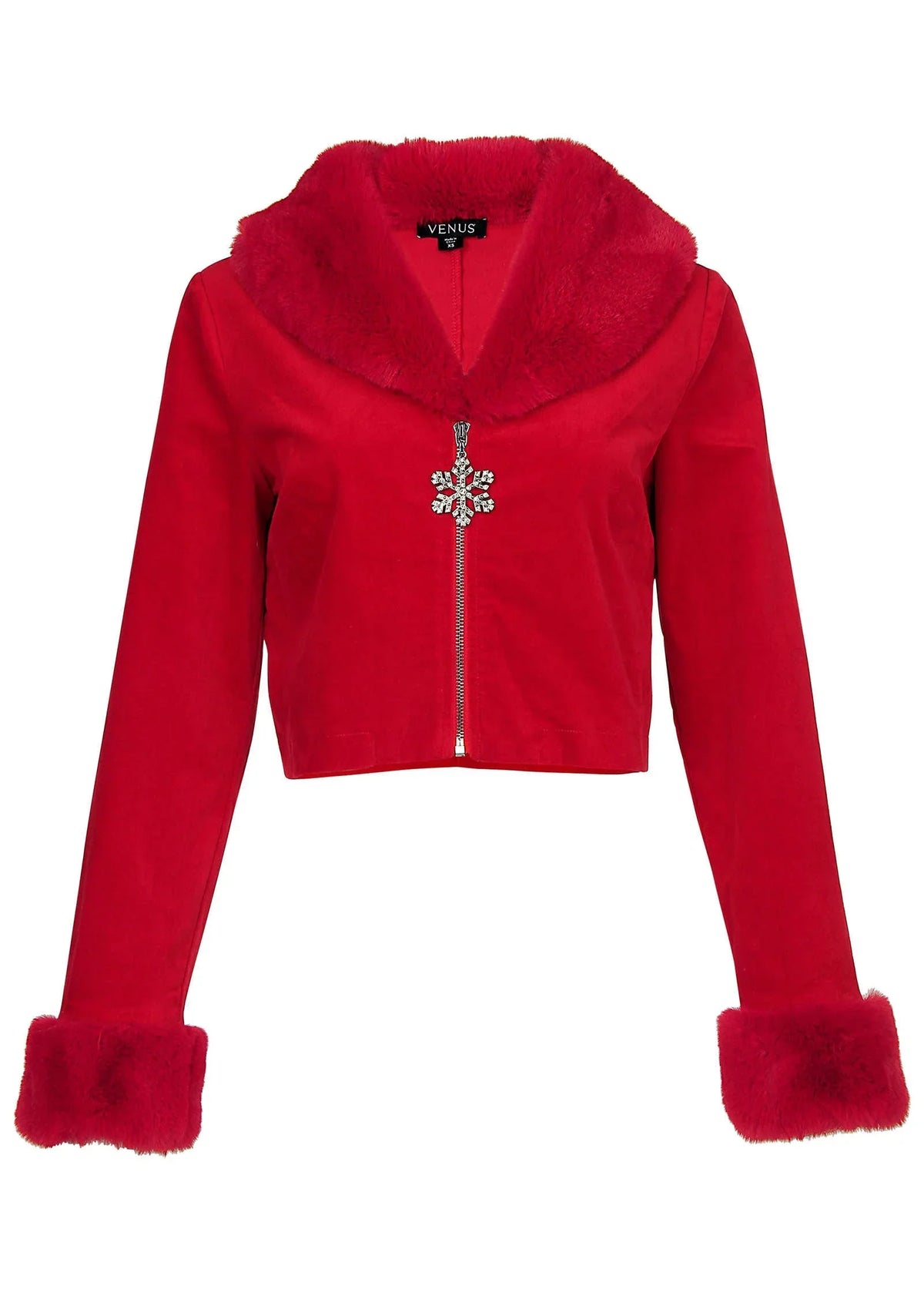 Faux Fur Trim Velvet Coat Haute Red