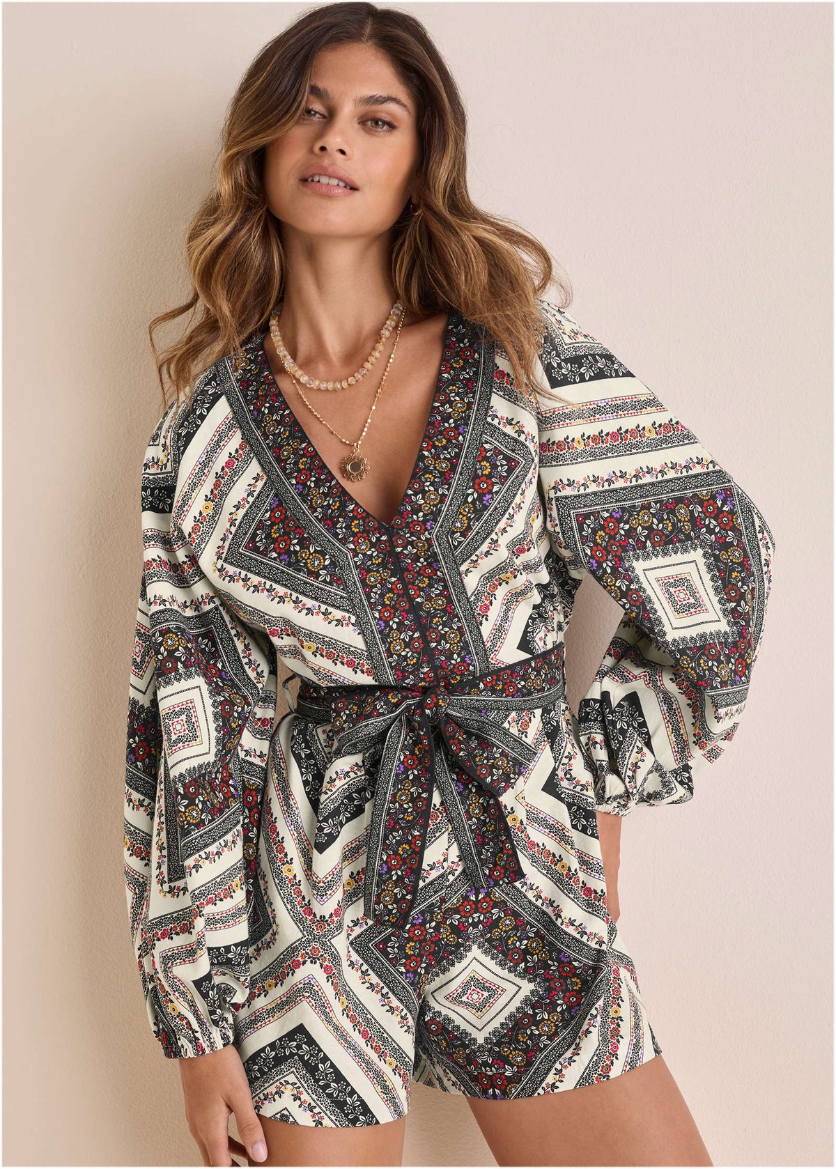 Linen Tie Waist Romper Summer Prairie Patchwork Floral